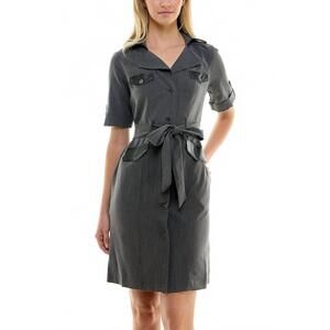NEW SHARAGANO notched collar short roll tab sleeve matte jersey dress in charcoa